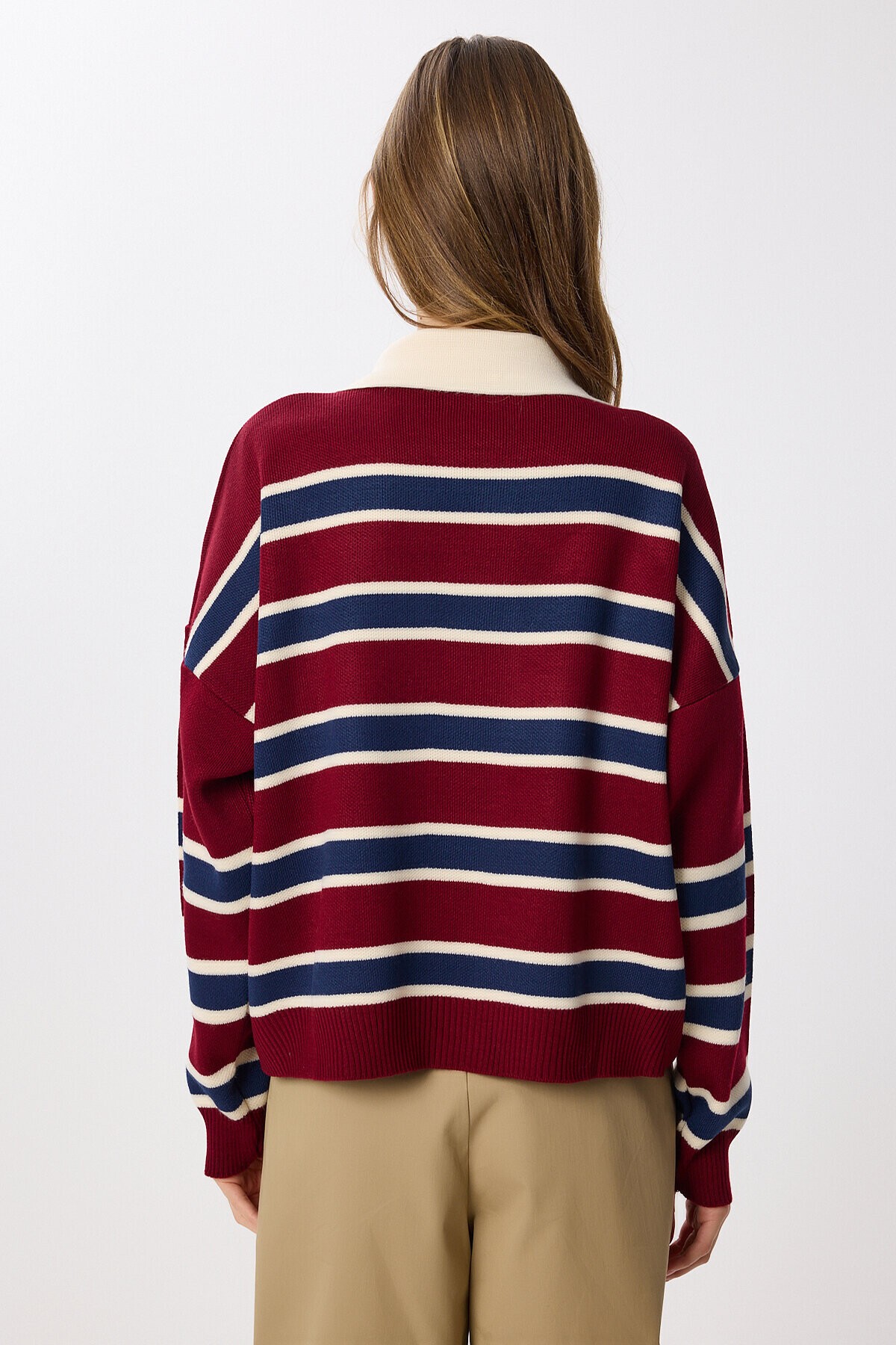 Polo Yaka Çizgili Triko Kazak BORDO LACİVERT LMW0024