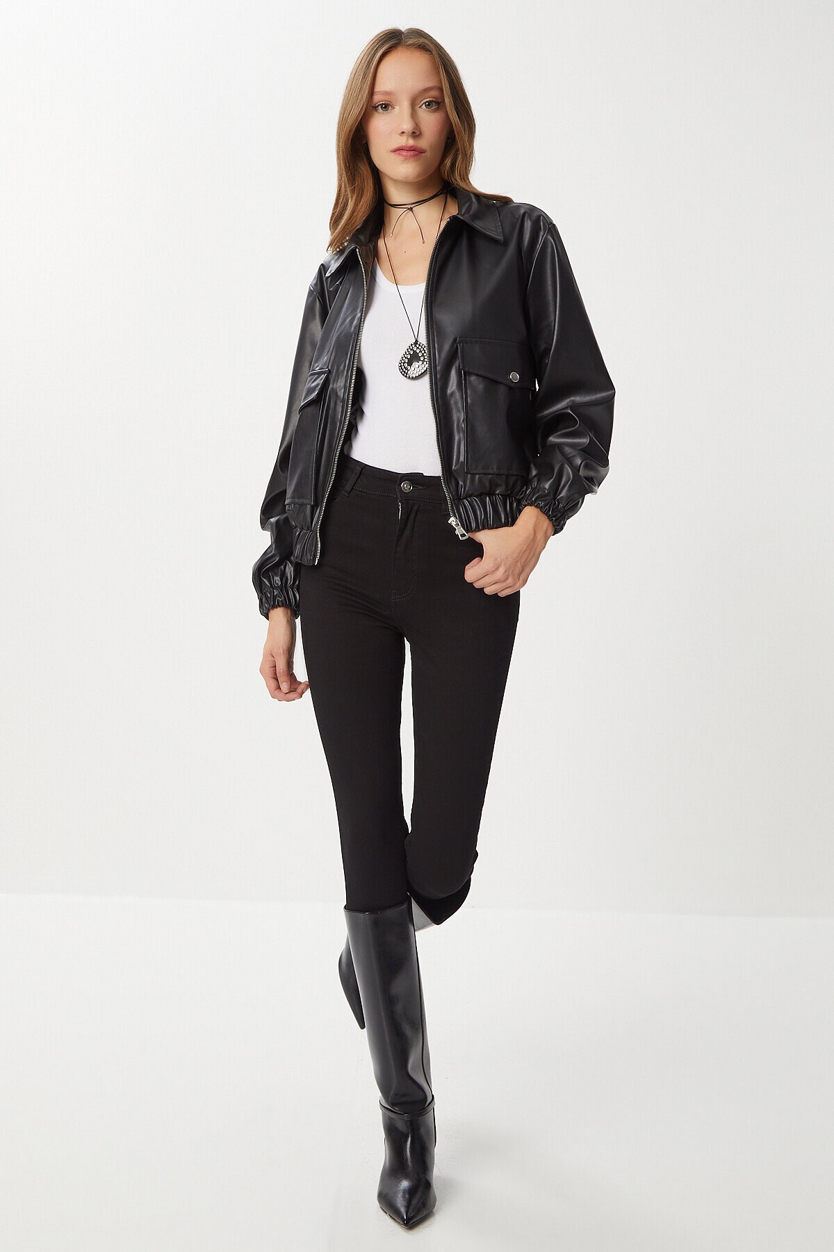 Suni Deri Bomber Ceket SİYAH LNT0011