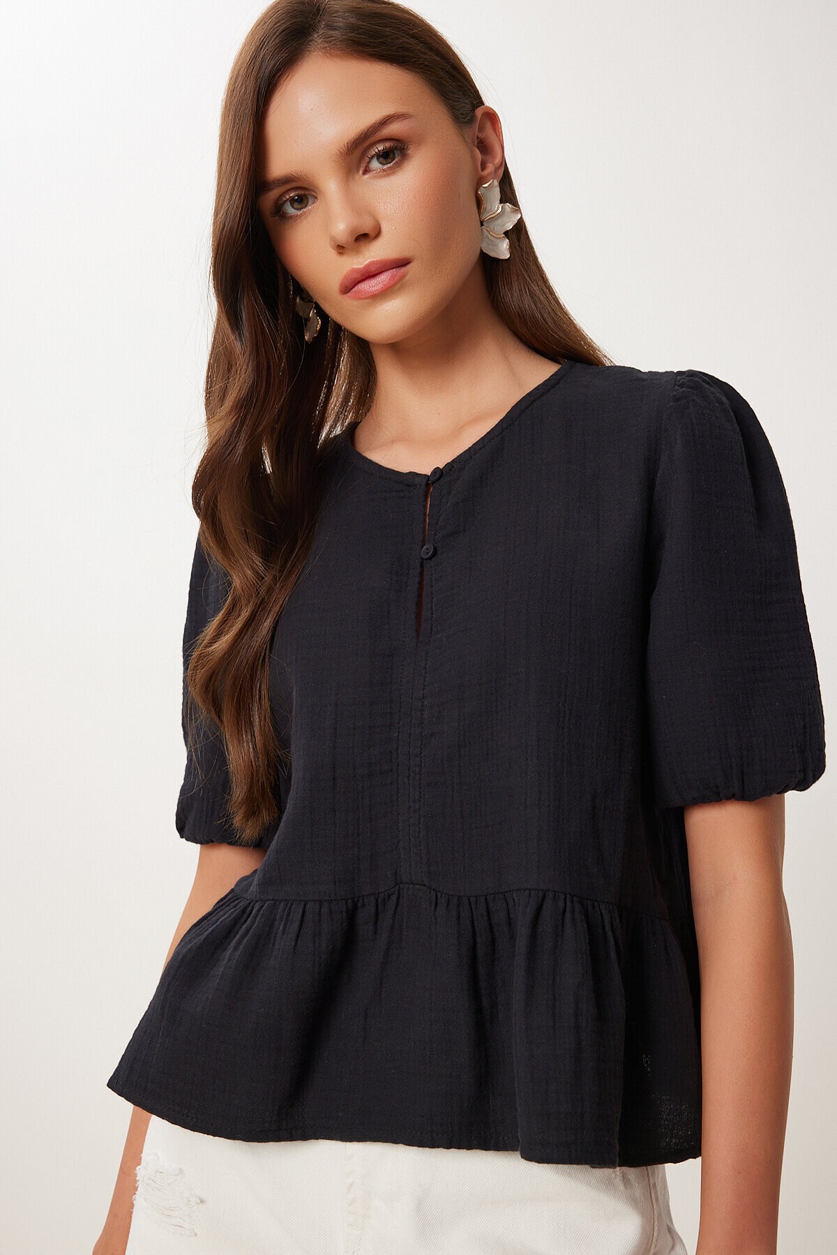 Volanlı Müslin Bluz SİYAH LMX0091