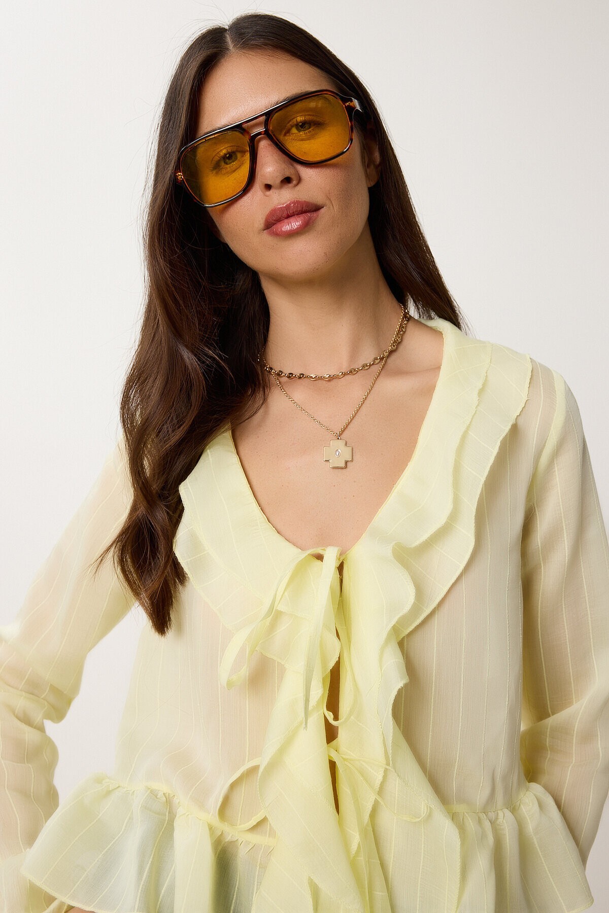 Volanlı Transparan Dokuma Bluz SARI LMX0089
