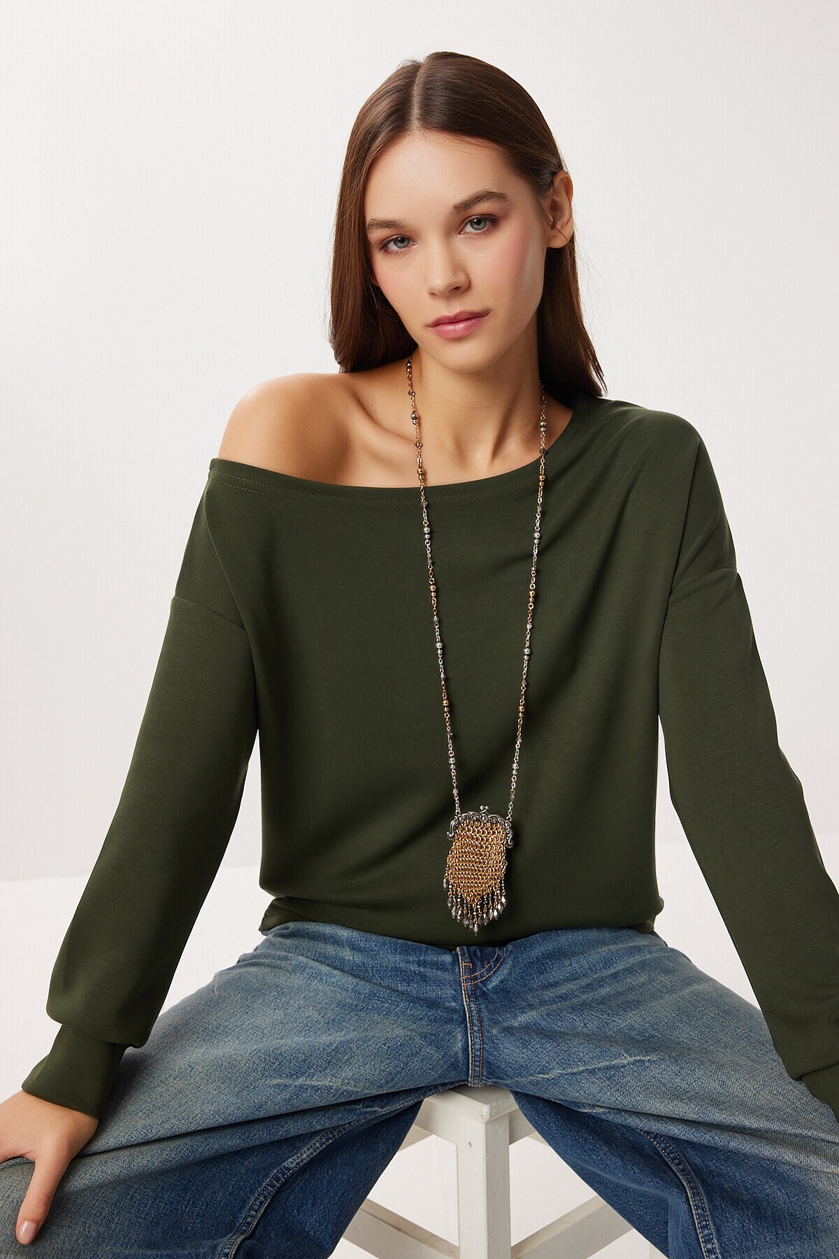 Açık Omuzlu Yumuşak Modal Sweatshirt HAKİ LUB0252