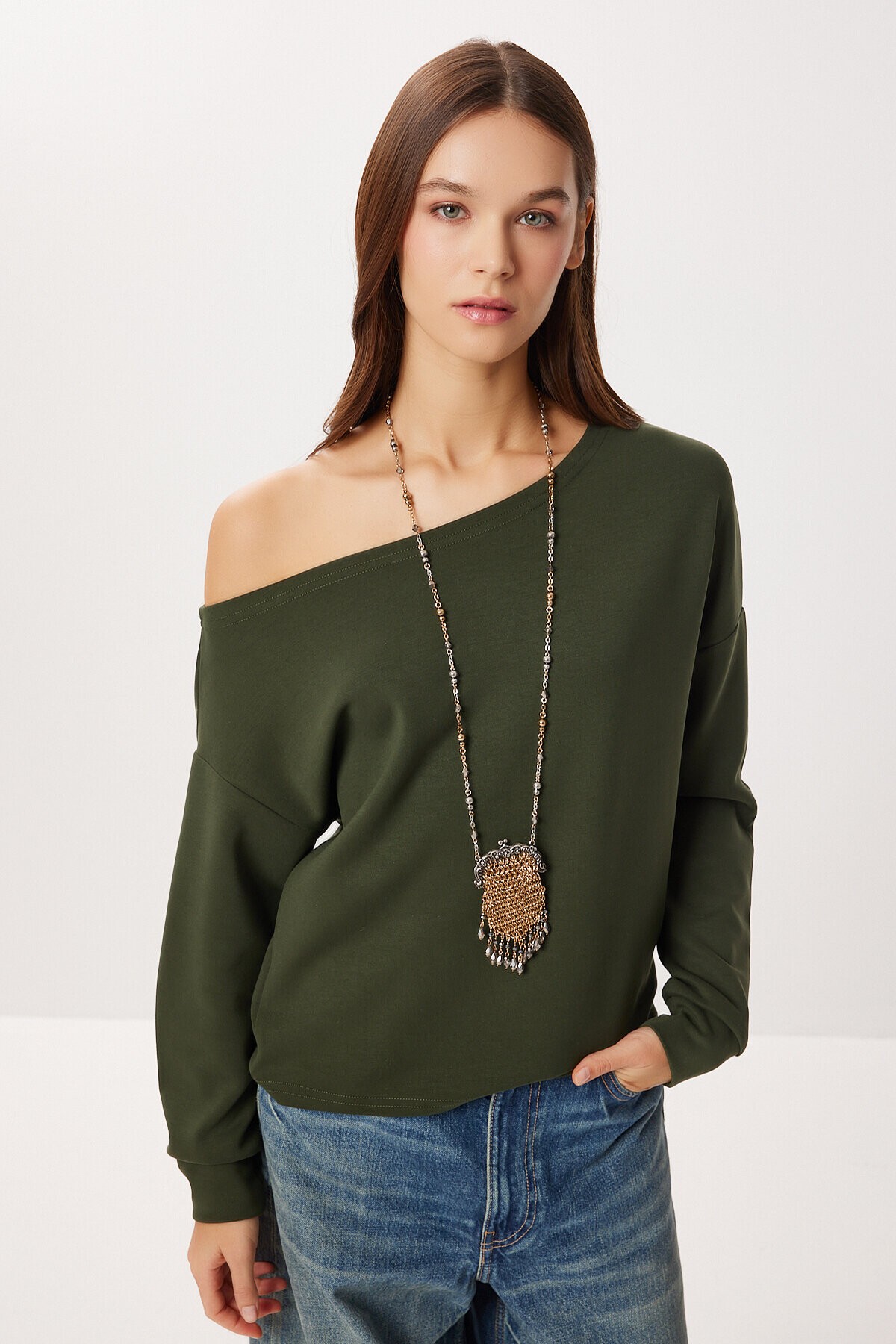 Açık Omuzlu Yumuşak Modal Sweatshirt HAKİ LUB0252