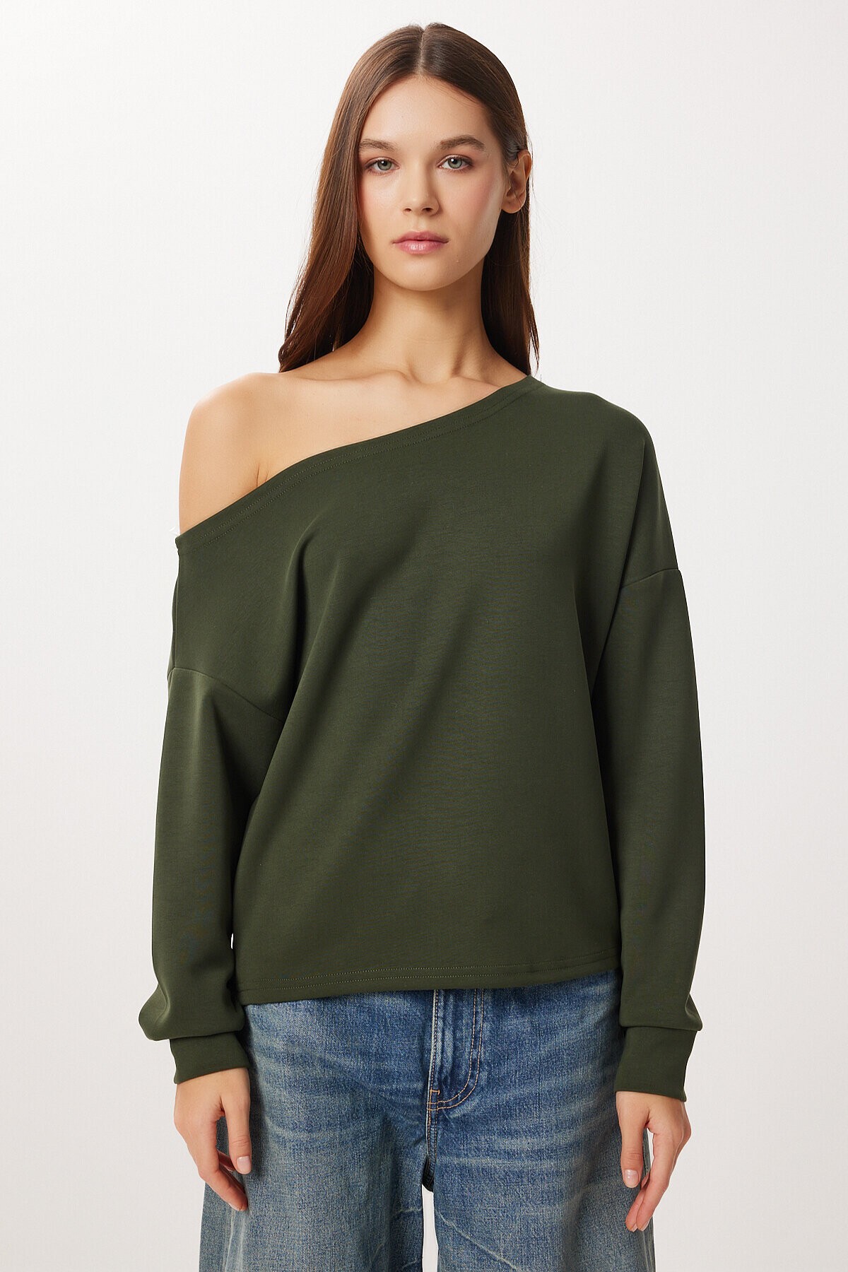 Açık Omuzlu Yumuşak Modal Sweatshirt HAKİ LUB0252