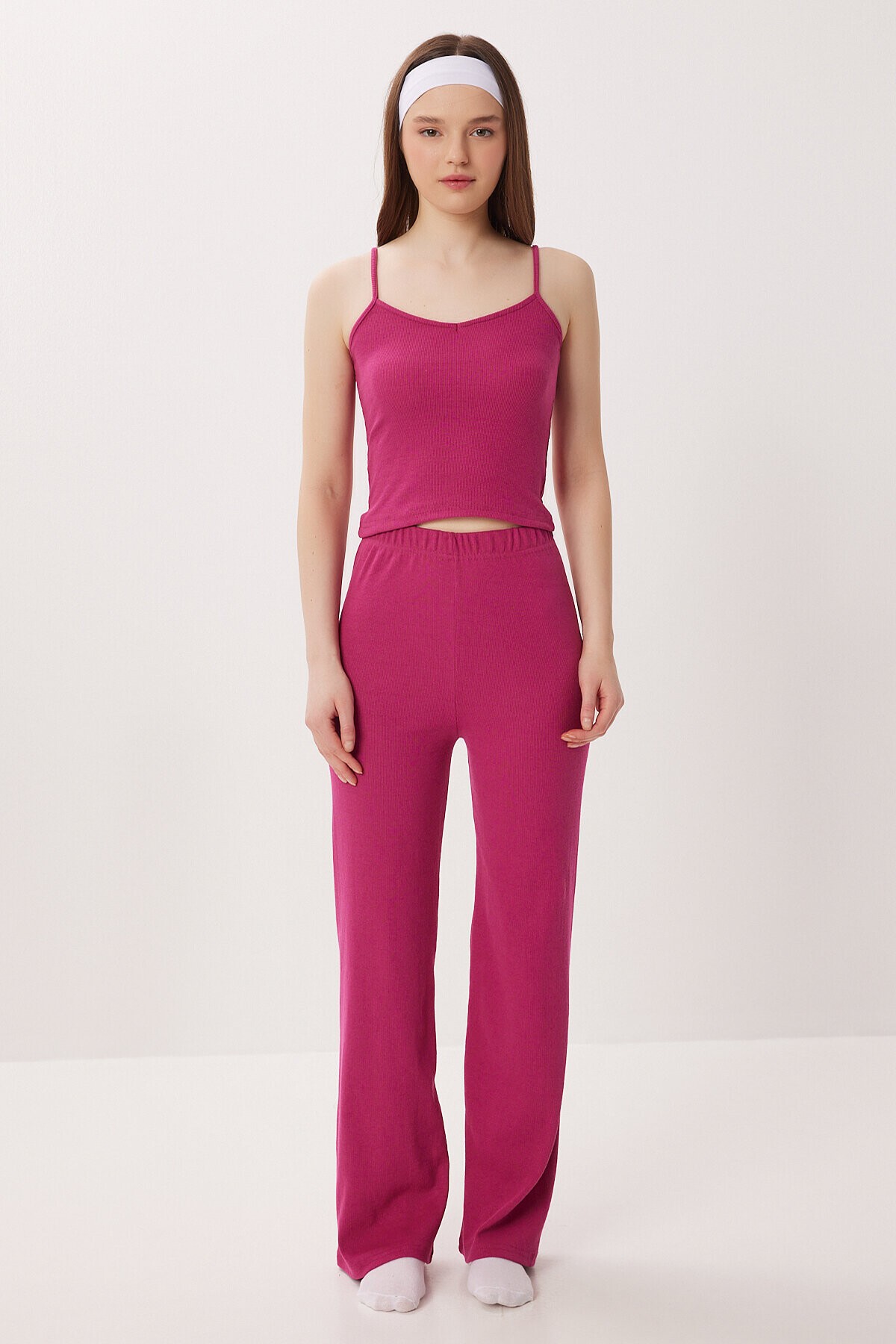 Askılı Crop Fitilli Örme Pijama Takımı KOYU PEMBE LRN0018