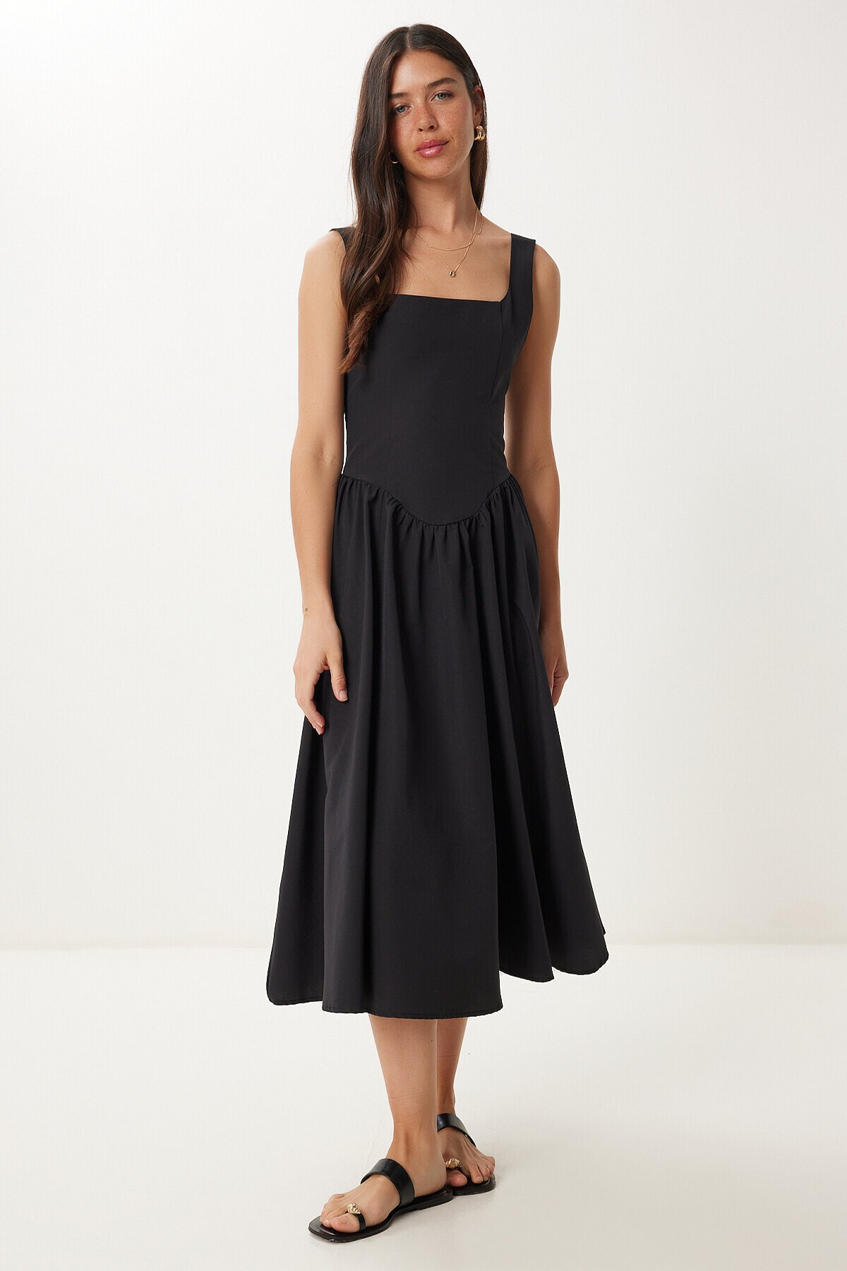 Askılı Yazlık Midi Poplin Elbise SİYAH LRG0030