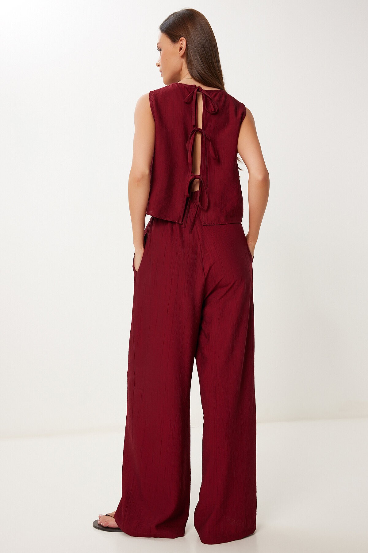 Bağlama Detaylı Bluz Pantolon Takım BORDO LRV0104
