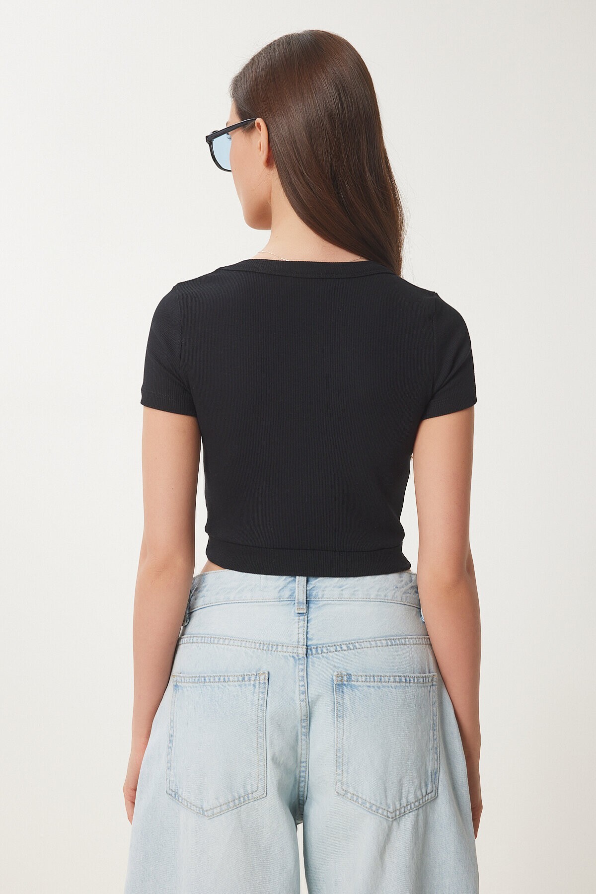 Basic Fitilli Crop Örme Bluz SİYAH LUS0109