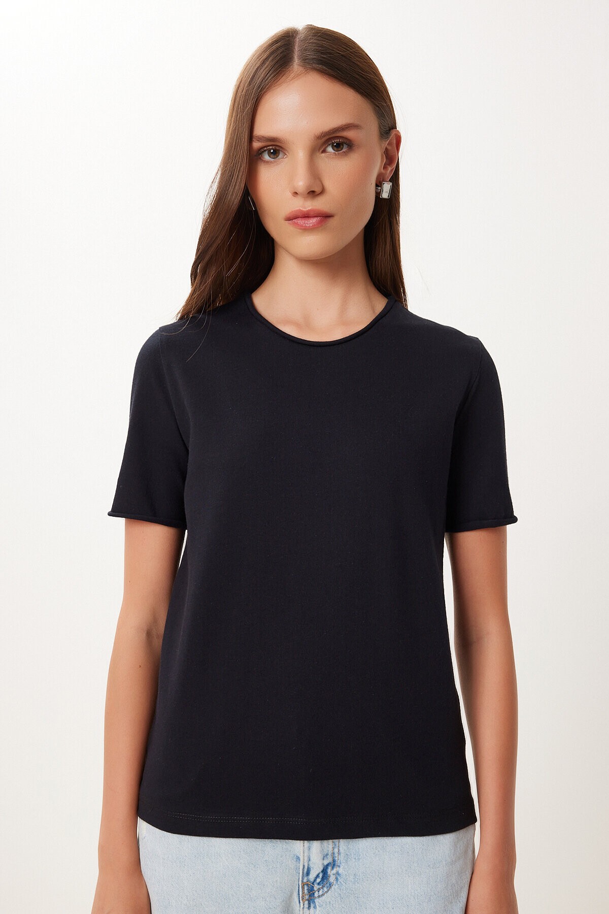 Basic Pamuklu Örme T-shirt SİYAH LUB0124