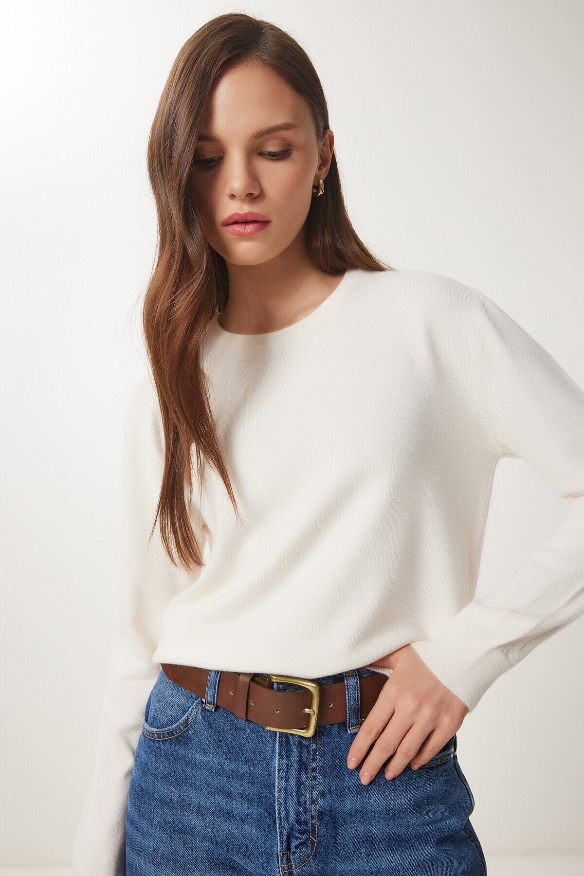 Bisiklet Yaka Basic Triko Kazak KREM LUS0062