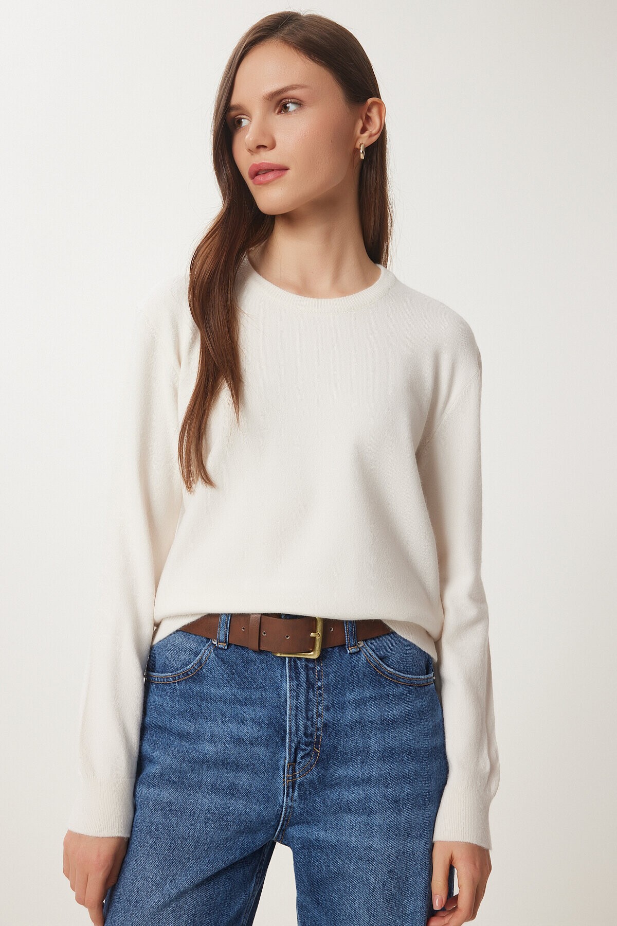 Bisiklet Yaka Basic Triko Kazak KREM LUS0062