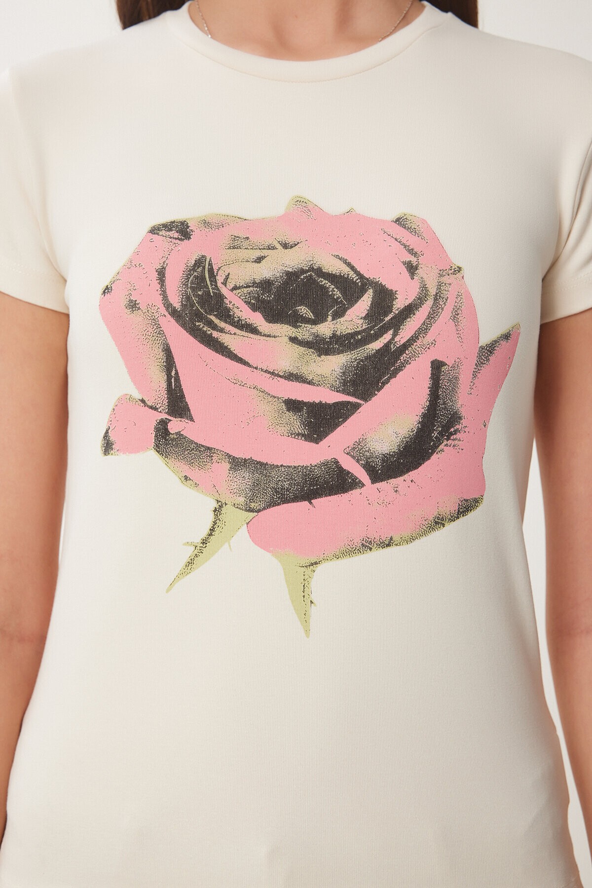 Çiçek Baskılı Örme T-shirt KREM LUS0114