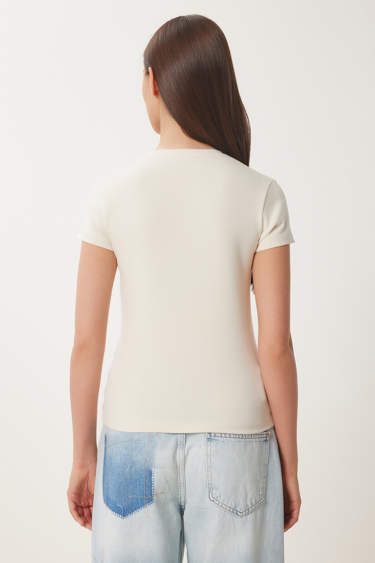 Çiçek Baskılı Örme T-shirt KREM LUS0114