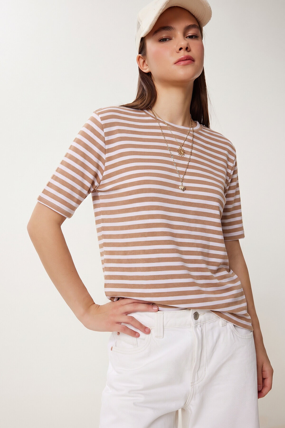 Çizgili Oversize Viskon T-shirt BİSKÜVİ BEYAZ LRN0041