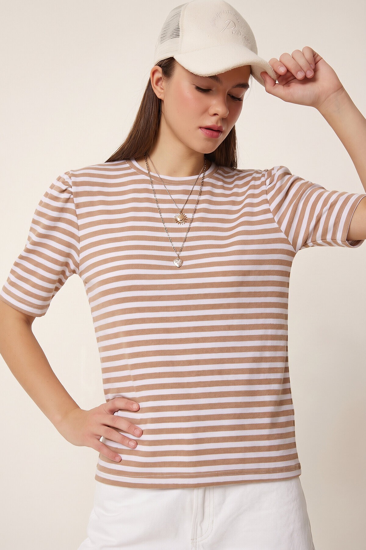Çizgili Oversize Viskon T-shirt BİSKÜVİ BEYAZ LRN0041