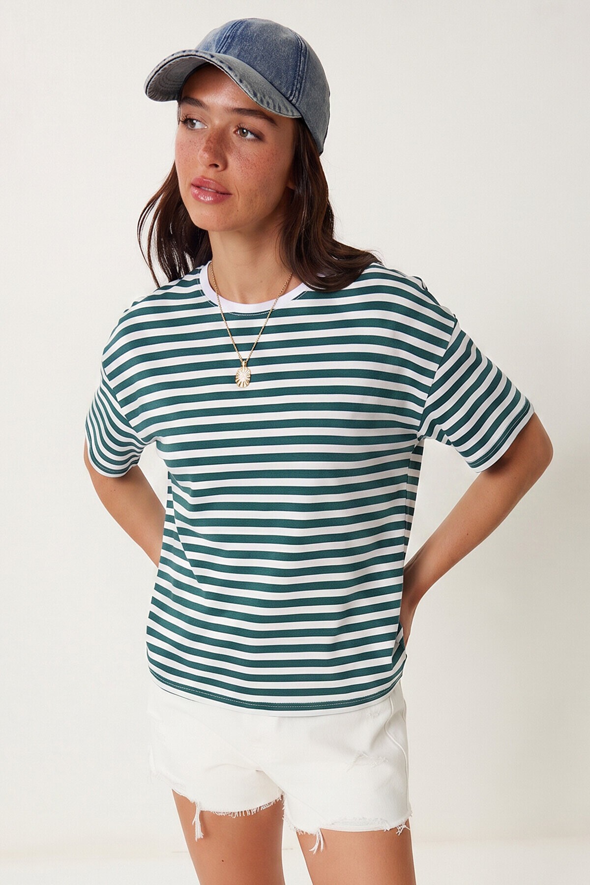 Çizgili Oversize Viskon T-shirt YEŞİL BEYAZ LRN0041