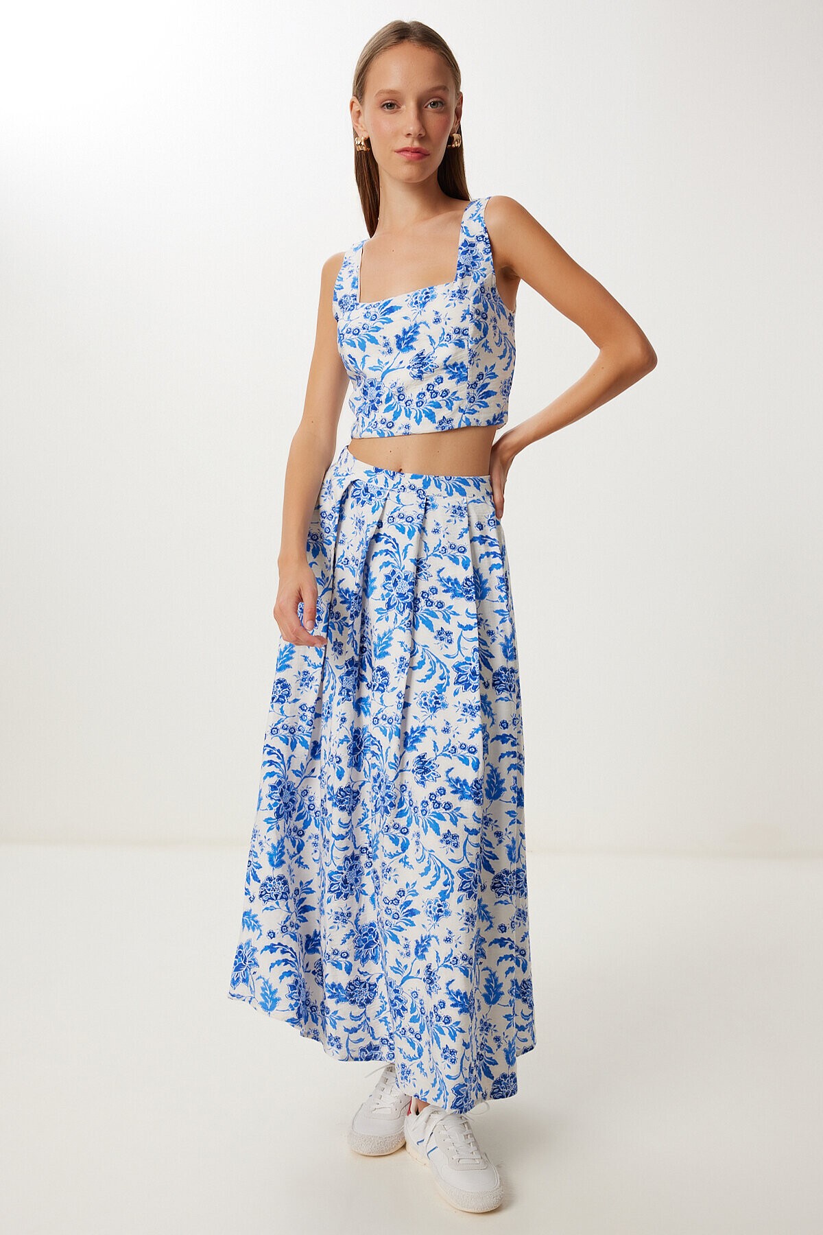Desenli Crop Bluz Etek Dokuma Takım MAVİ EKRU LUB0130