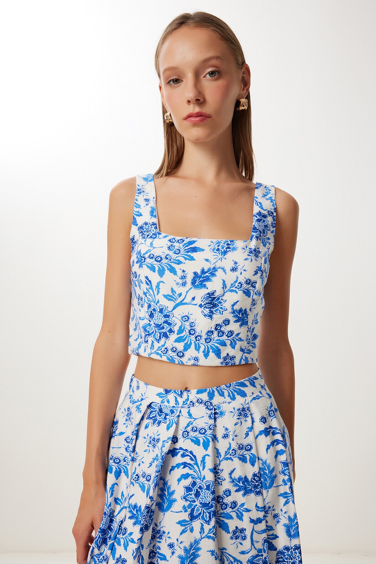 Desenli Crop Bluz Etek Dokuma Takım MAVİ EKRU LUB0130