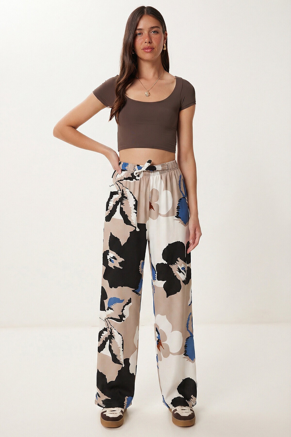 Desenli Dökümlü Viskon Palazzo Pantolon MAVİ BEJ LRN0036