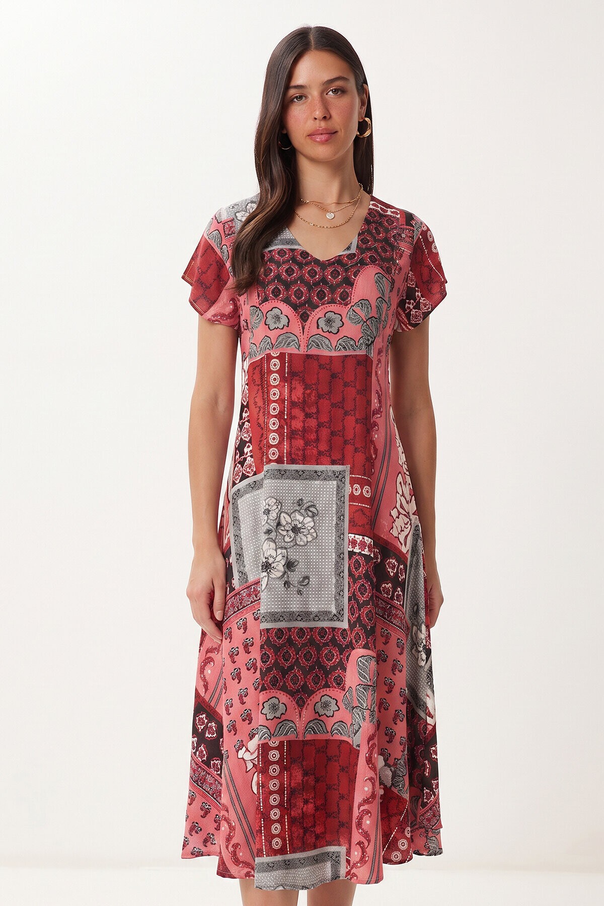 Desenli Dökümlü Yazlık Viskon Elbise BORDO PEMBE LRN0040