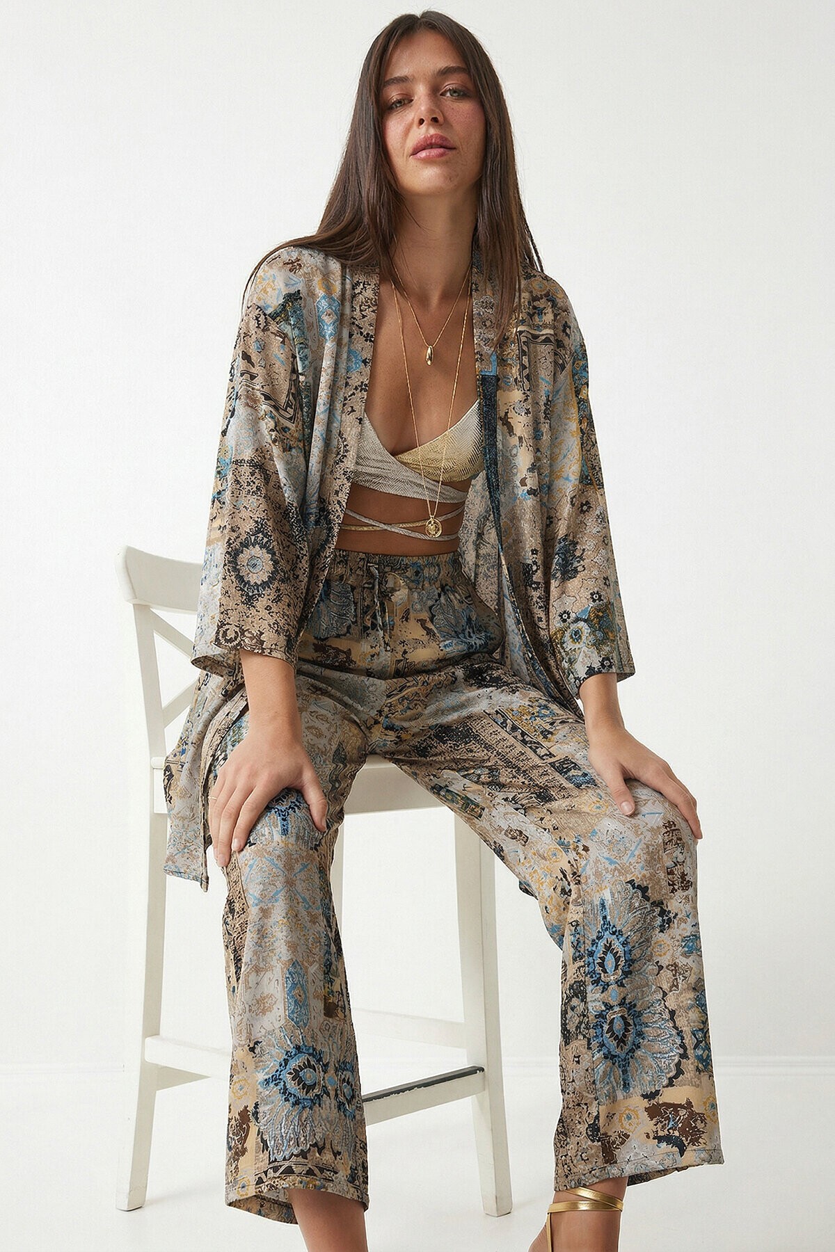 Desenli Yazlık Viskon Kimono Pantolon Takım BEJ MAVİ LRN0013