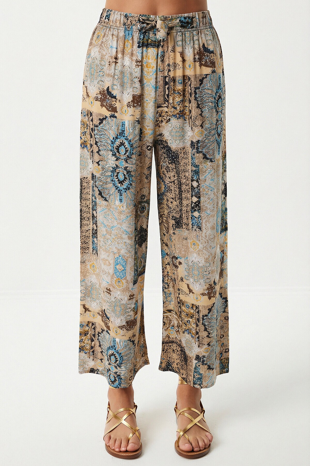 Desenli Yazlık Viskon Kimono Pantolon Takım BEJ MAVİ LRN0013