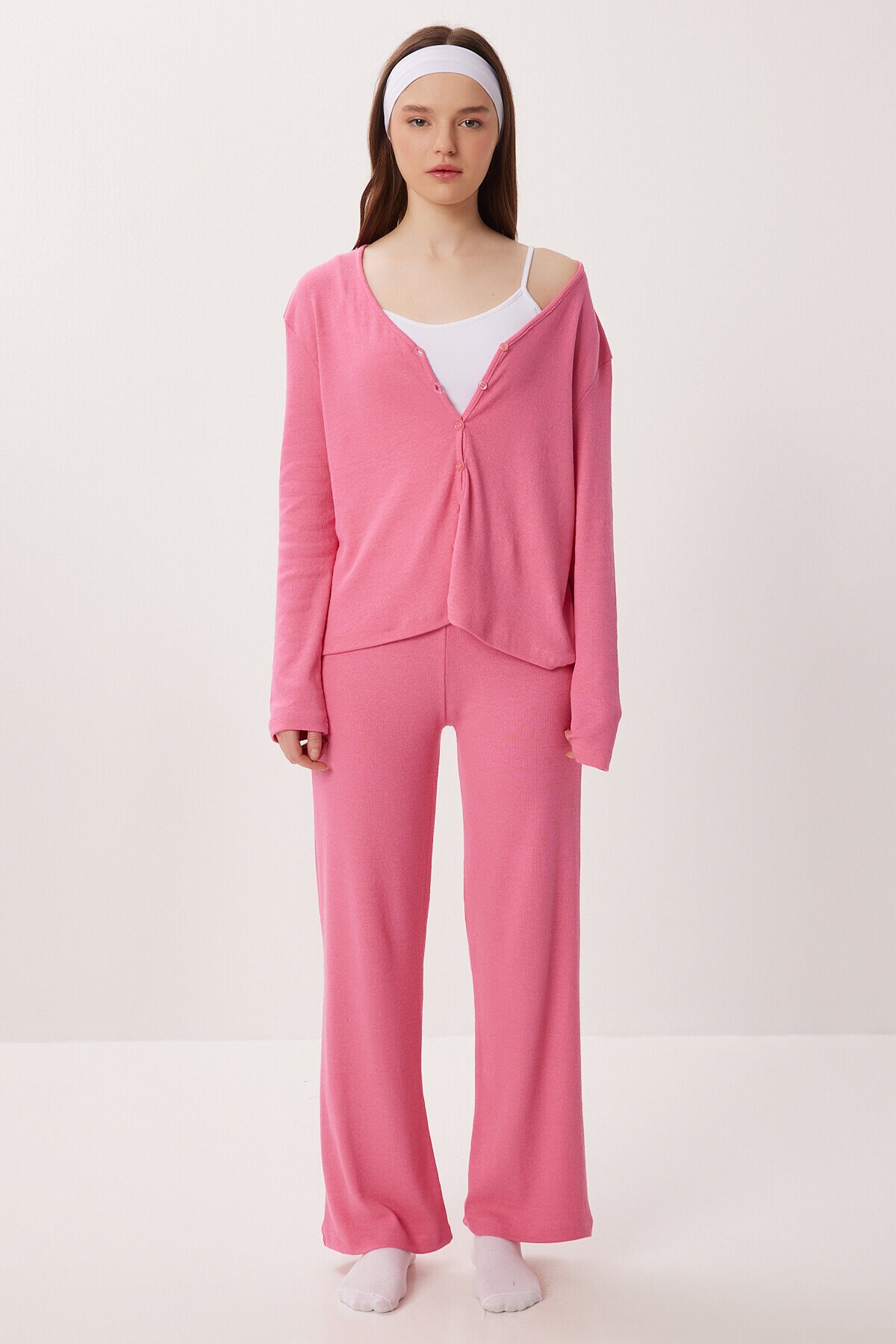 Düğmeli Fitilli Örme Hırka Pijama Takımı PEMBE LRN0017