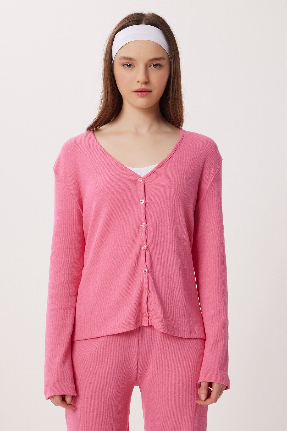 Düğmeli Fitilli Örme Hırka Pijama Takımı PEMBE LRN0017
