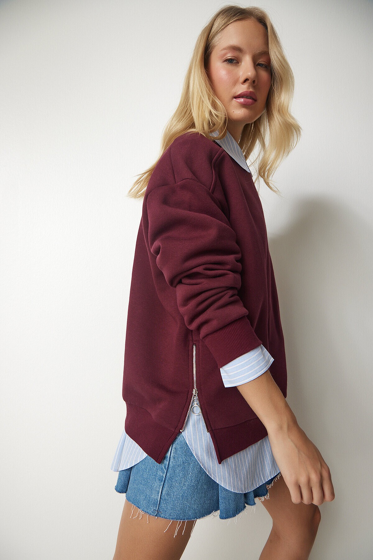 Fermuar Detaylı Şardonlu Sweatshirt BORDO LUB0003