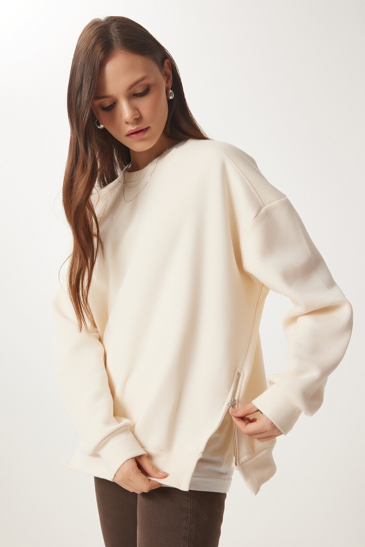 Fermuar Detaylı Şardonlu Sweatshirt KREM LUB0003