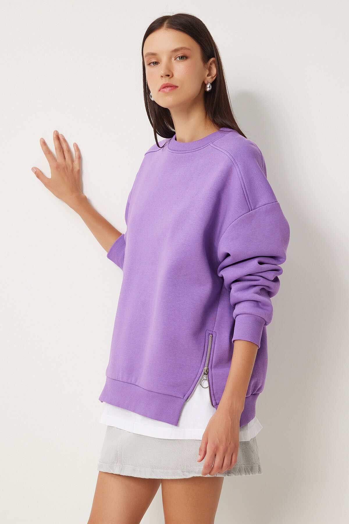 Fermuar Detaylı Şardonlu Sweatshirt MOR LUB0003