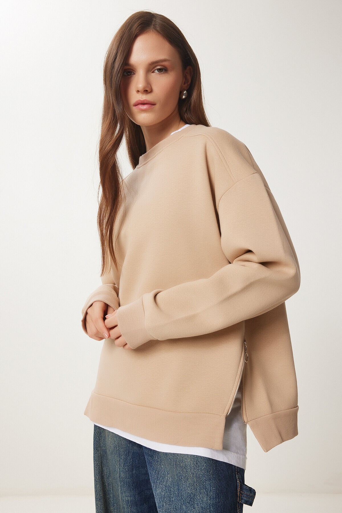 Fermuar Detaylı Şardonlu Sweatshirt VİZON LUB0003