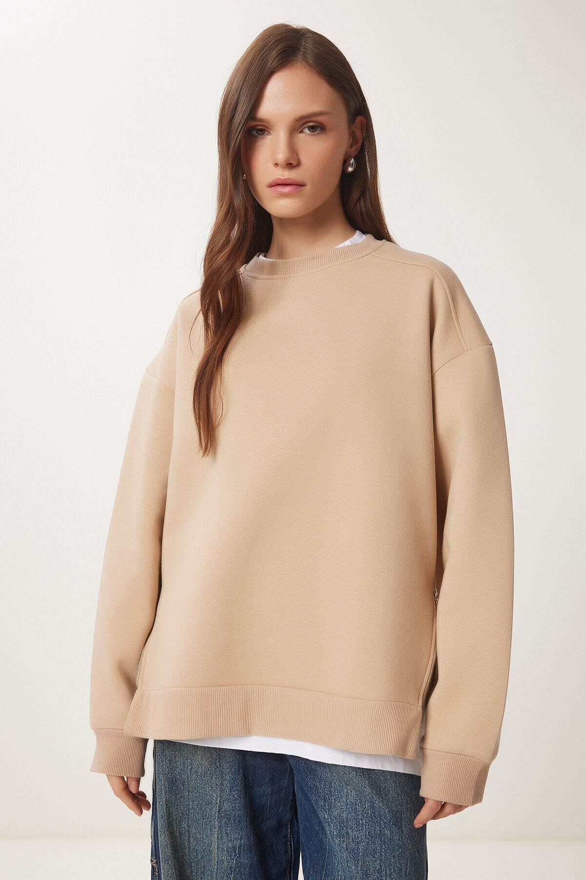 Fermuar Detaylı Şardonlu Sweatshirt VİZON LUB0003