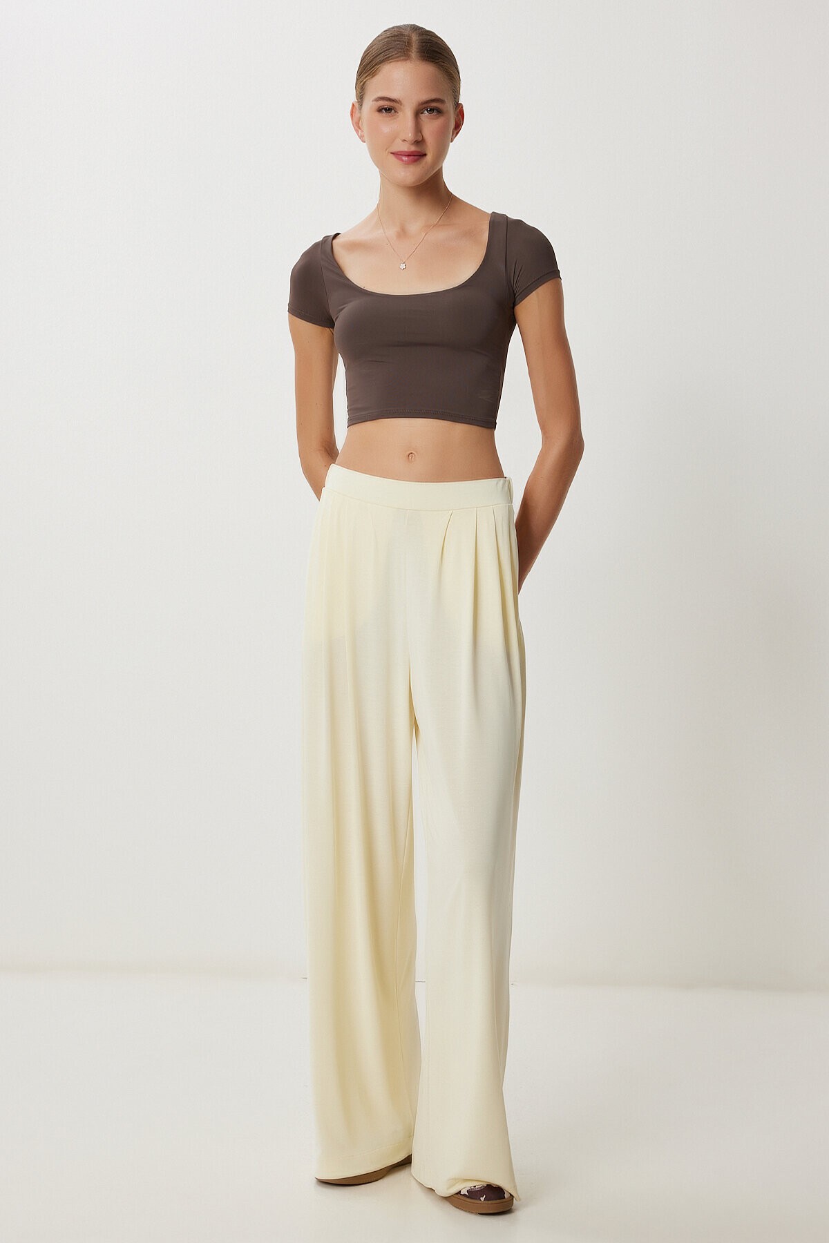 Geniş Paça Dökümlü Modal Pantolon AÇIK SARI LUB0208