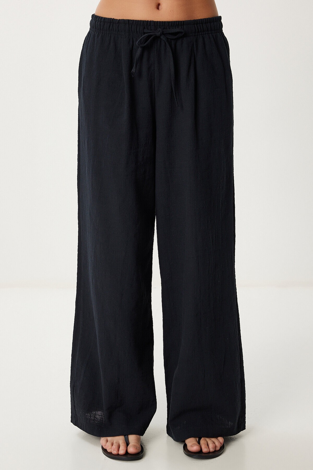 Geniş Paça Keten Pantolon SİYAH LUB0117