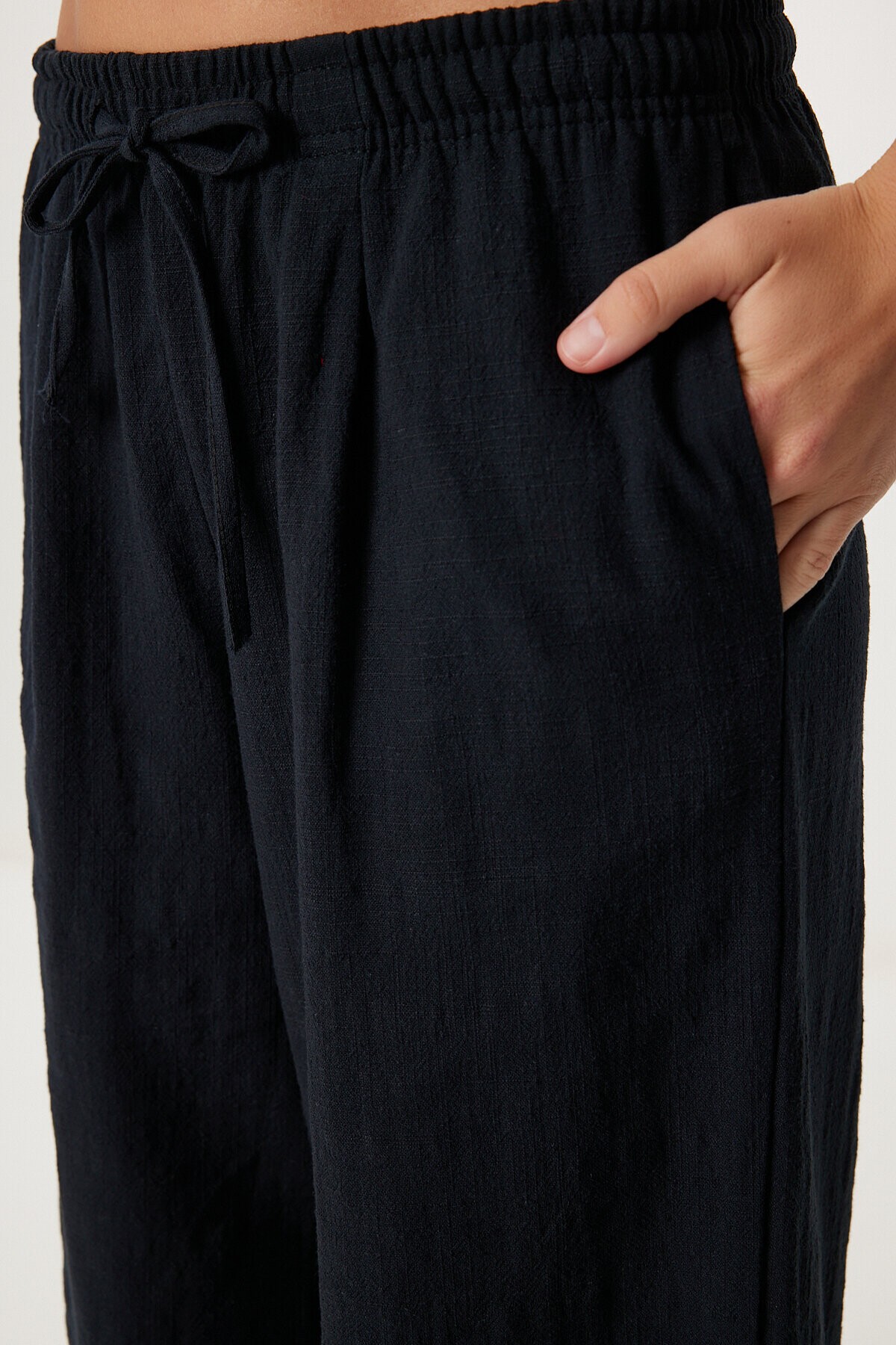 Geniş Paça Keten Pantolon SİYAH LUB0117