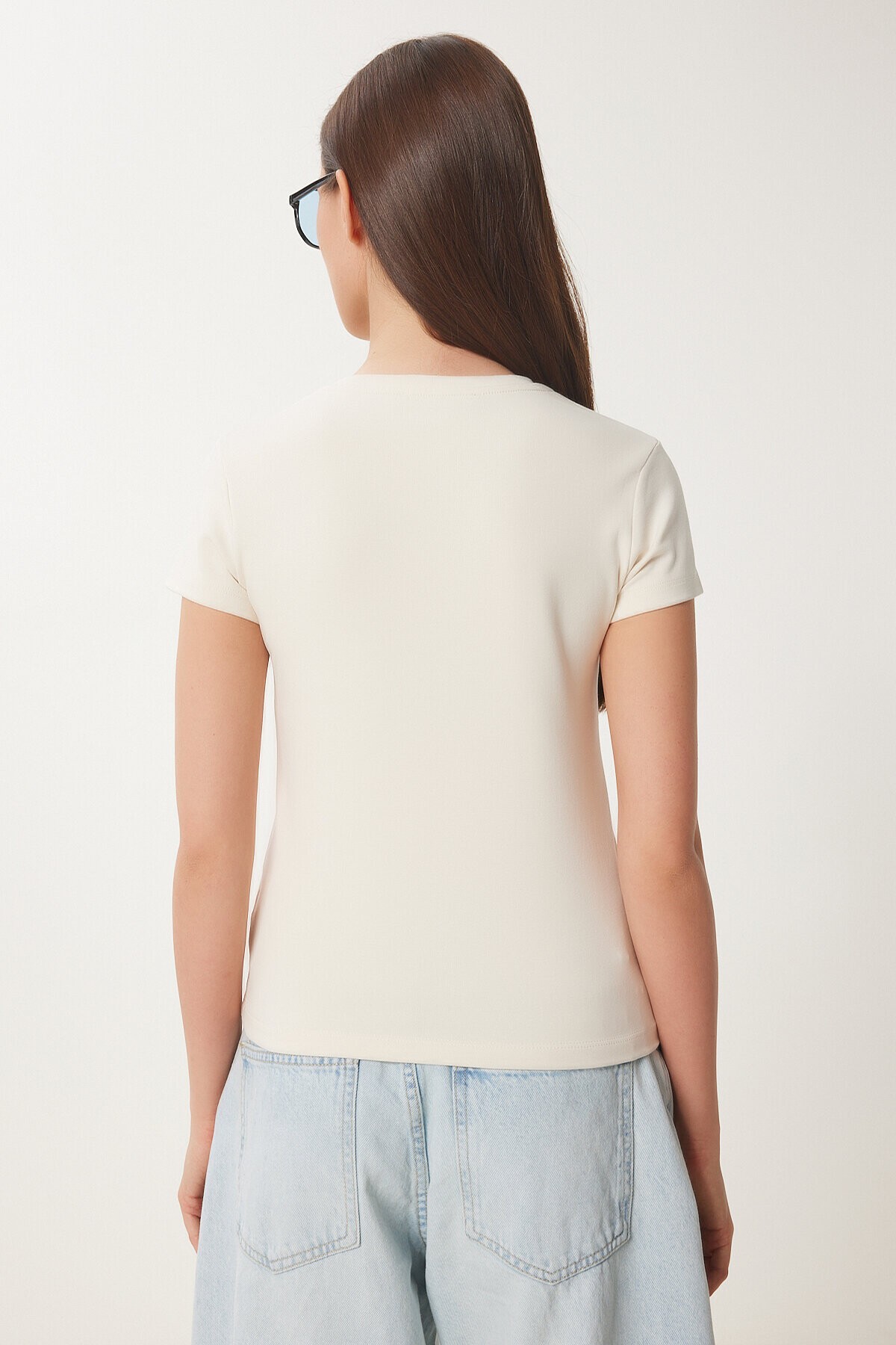 Kalp Baskılı Taşlı Örme T-shirt KREM LUS0115