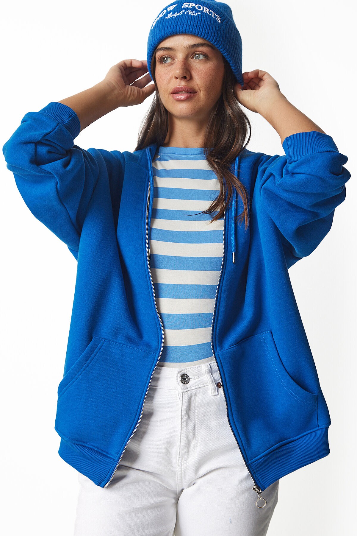 Kapüşonlu Fermuarlı Oversize Şardonlu Örme  Sweatshirt MAVİ LUB0002