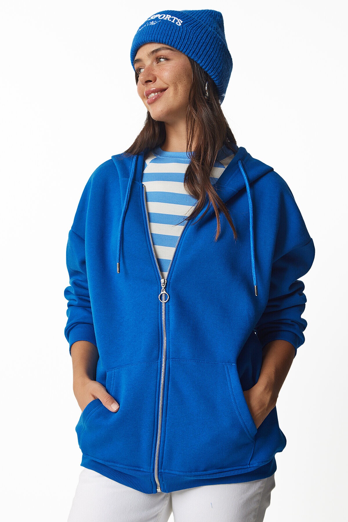 Kapüşonlu Fermuarlı Oversize Şardonlu Örme  Sweatshirt MAVİ LUB0002
