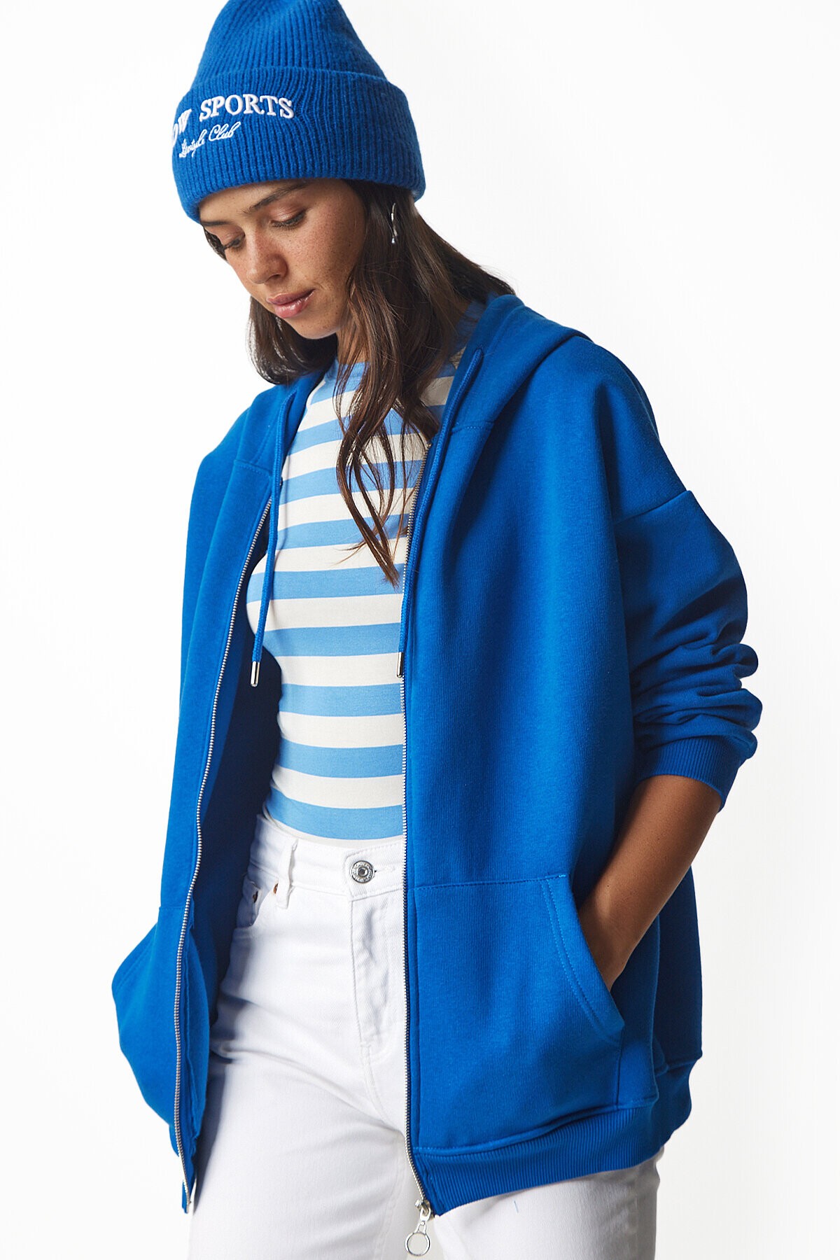 Kapüşonlu Fermuarlı Oversize Şardonlu Örme  Sweatshirt MAVİ LUB0002