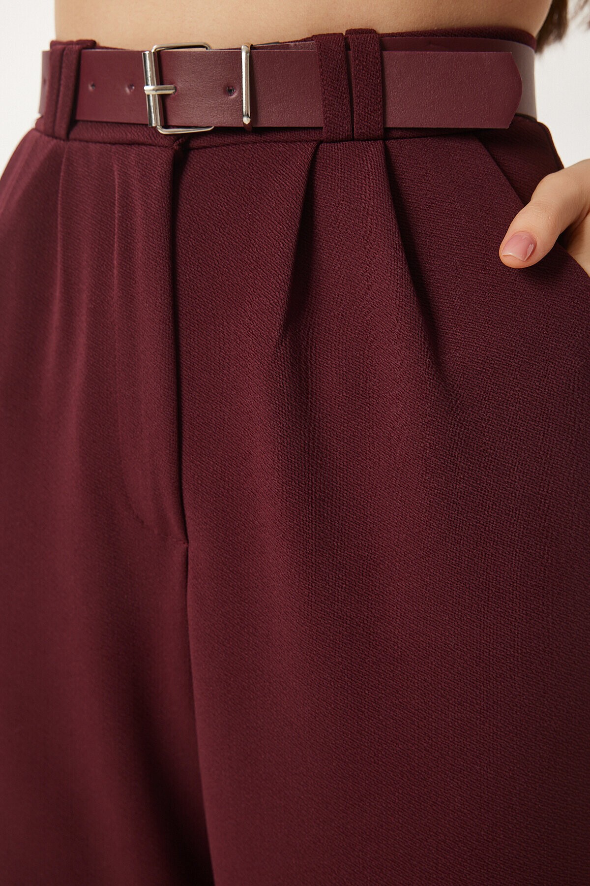 Kemerli Rahat Palazzo Örme Pantolon BORDO LRV0093