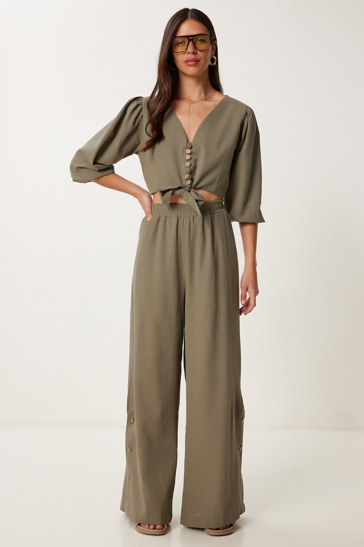 Keten Crop Bluz Pantolon Takım HAKİ LRV0107
