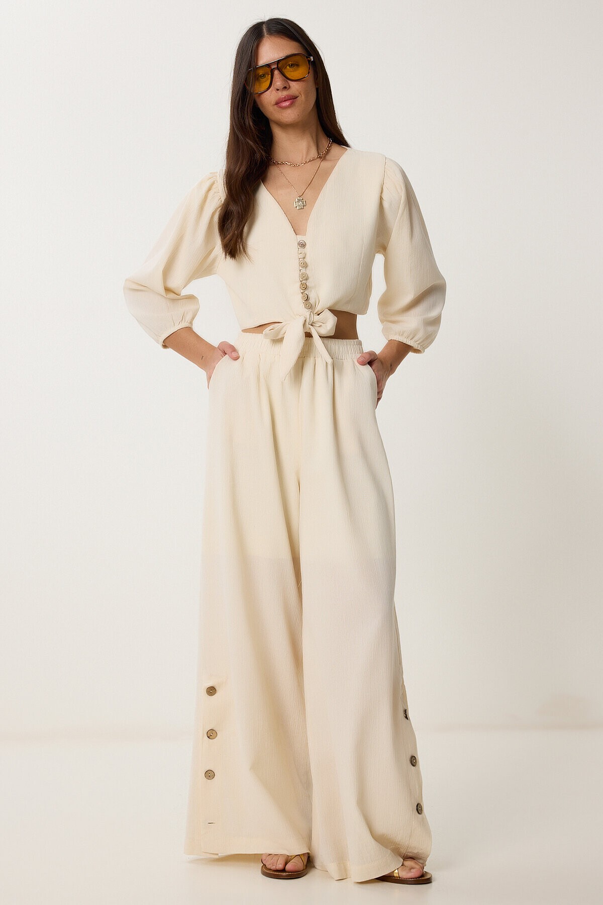Keten Crop Bluz Pantolon Takım KREM LRV0107