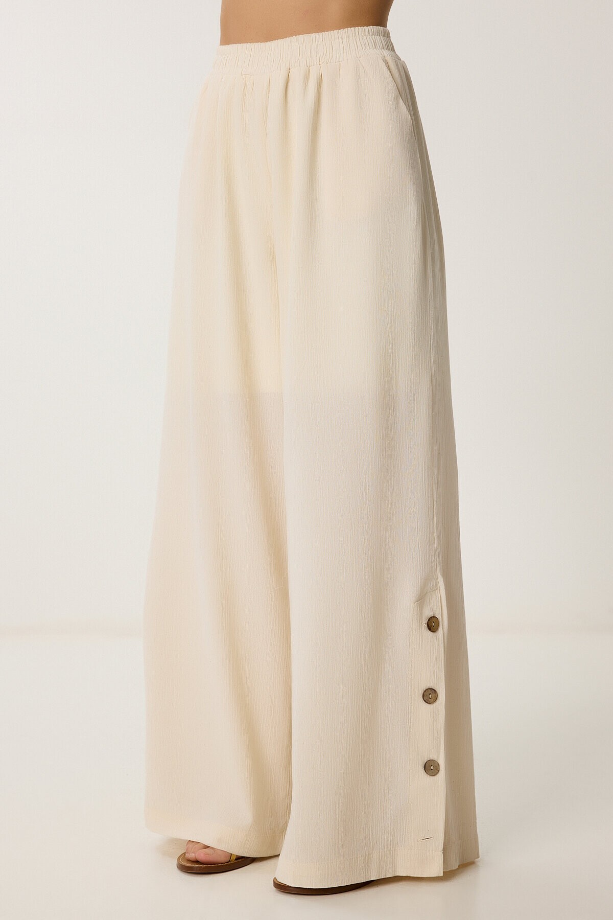 Keten Crop Bluz Pantolon Takım KREM LRV0107