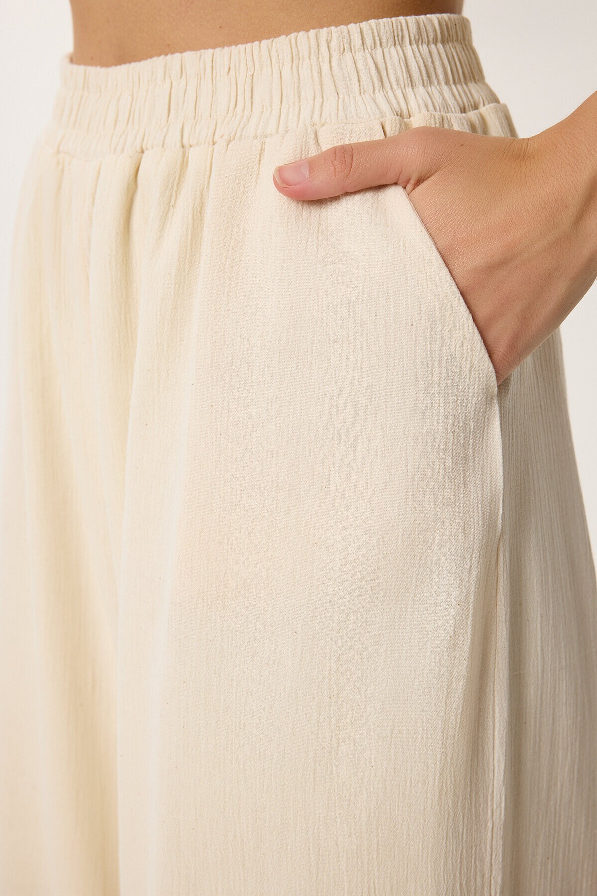 Keten Crop Bluz Pantolon Takım KREM LRV0107