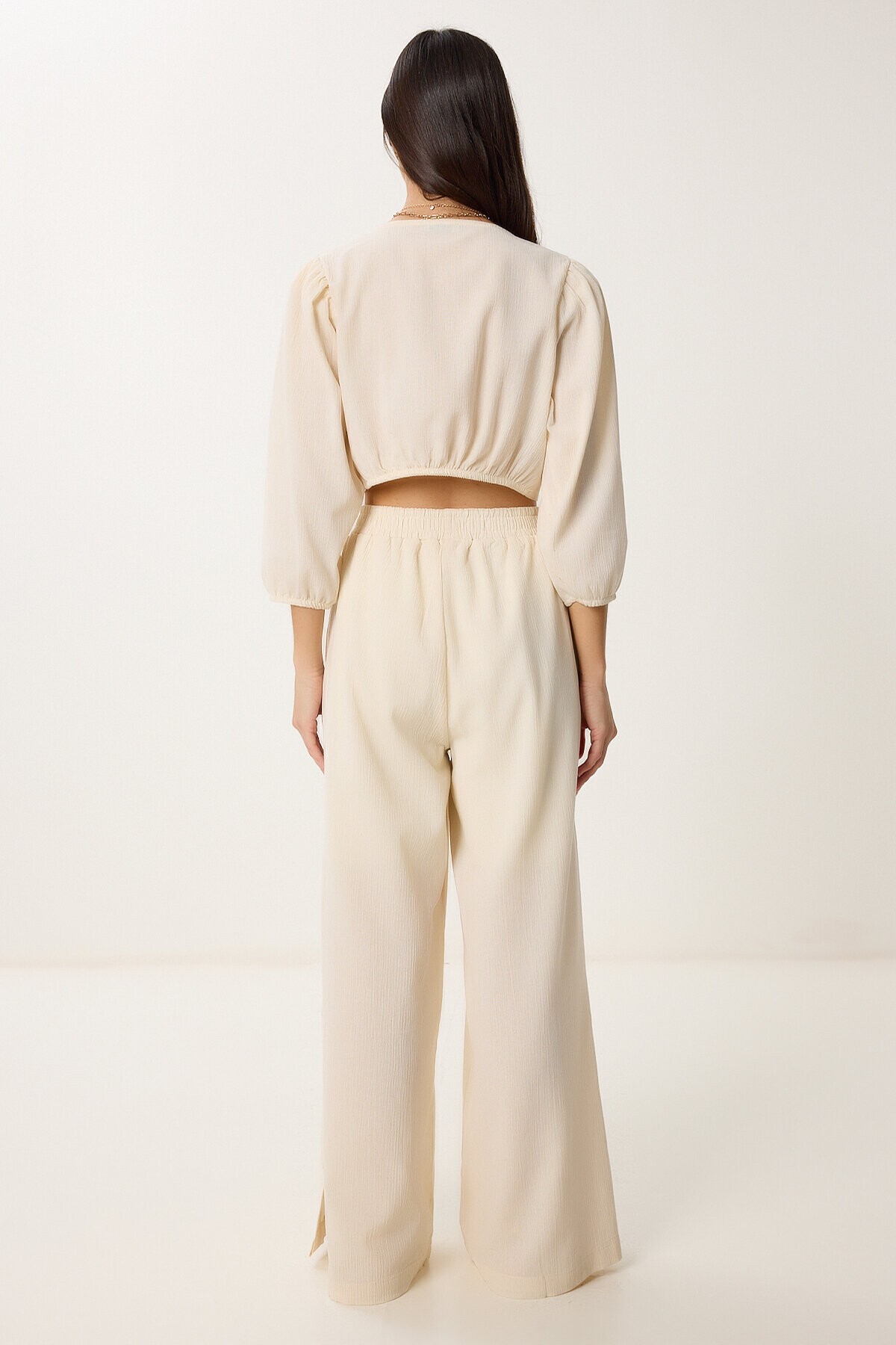 Keten Crop Bluz Pantolon Takım KREM LRV0107