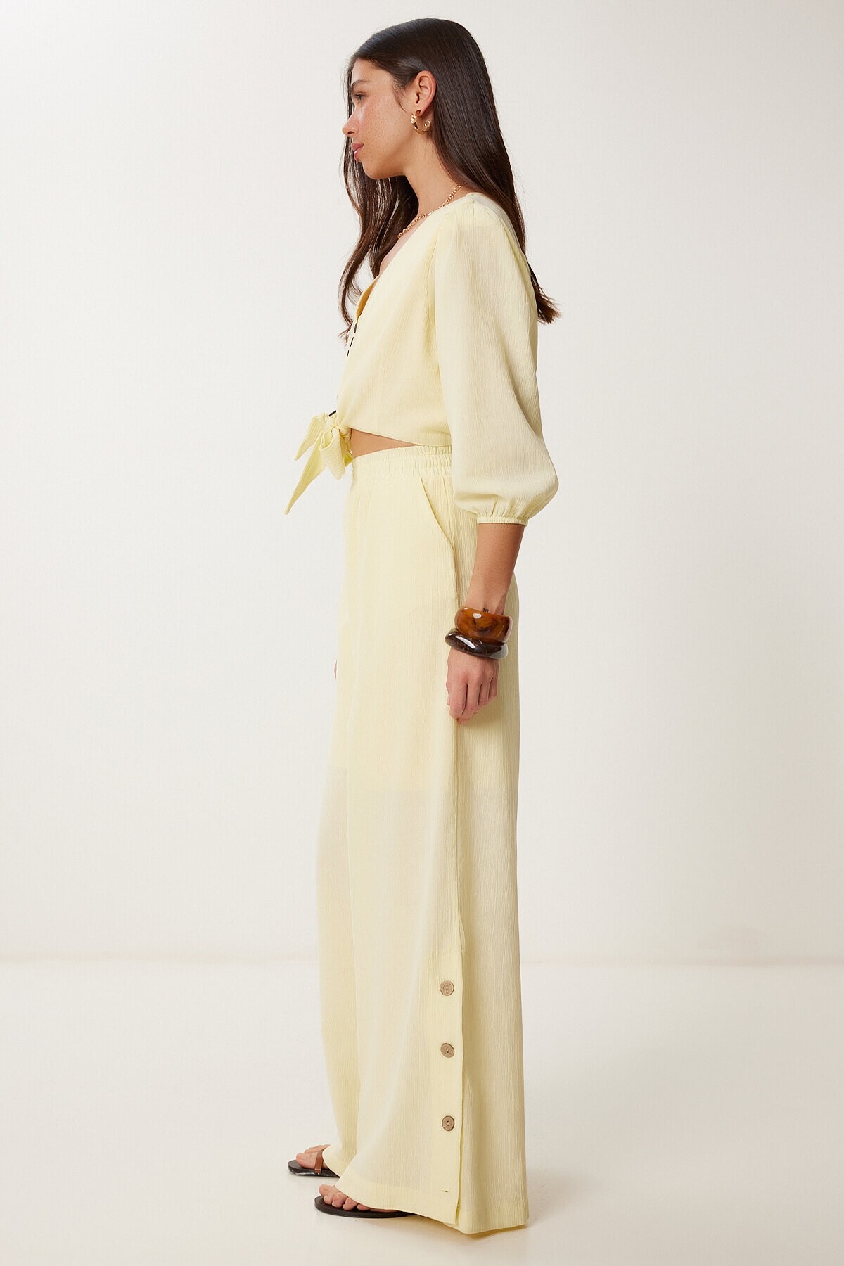 Keten Crop Bluz Pantolon Takım SARI LRV0107