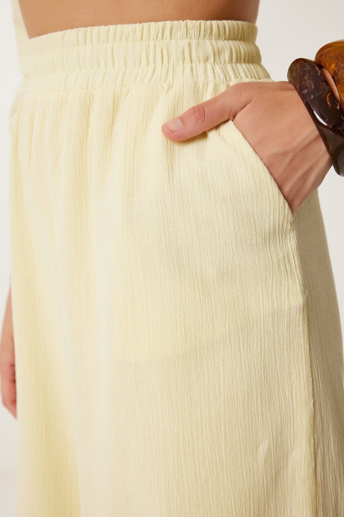 Keten Crop Bluz Pantolon Takım SARI LRV0107
