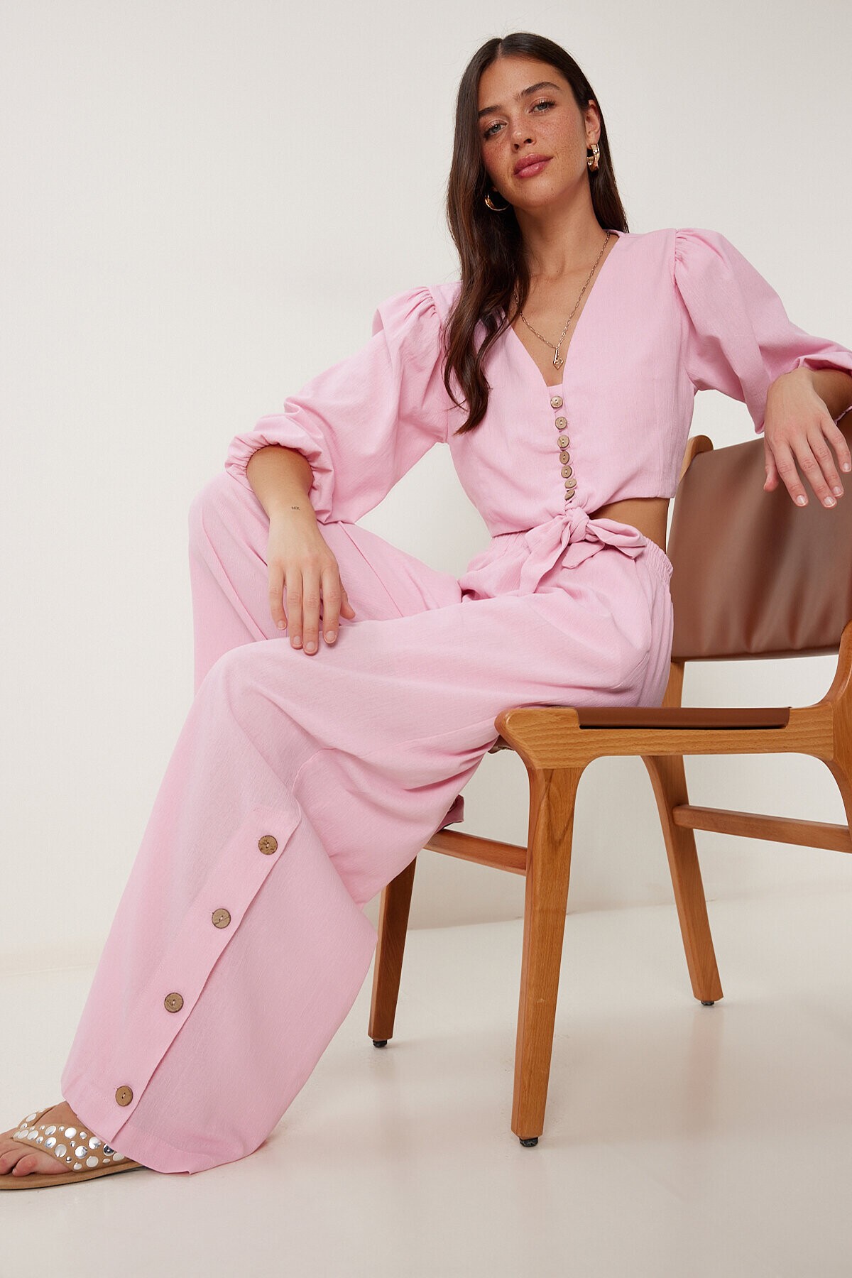 Keten Crop Bluz Pantolon Takım ŞEKER PEMBE LRV0107