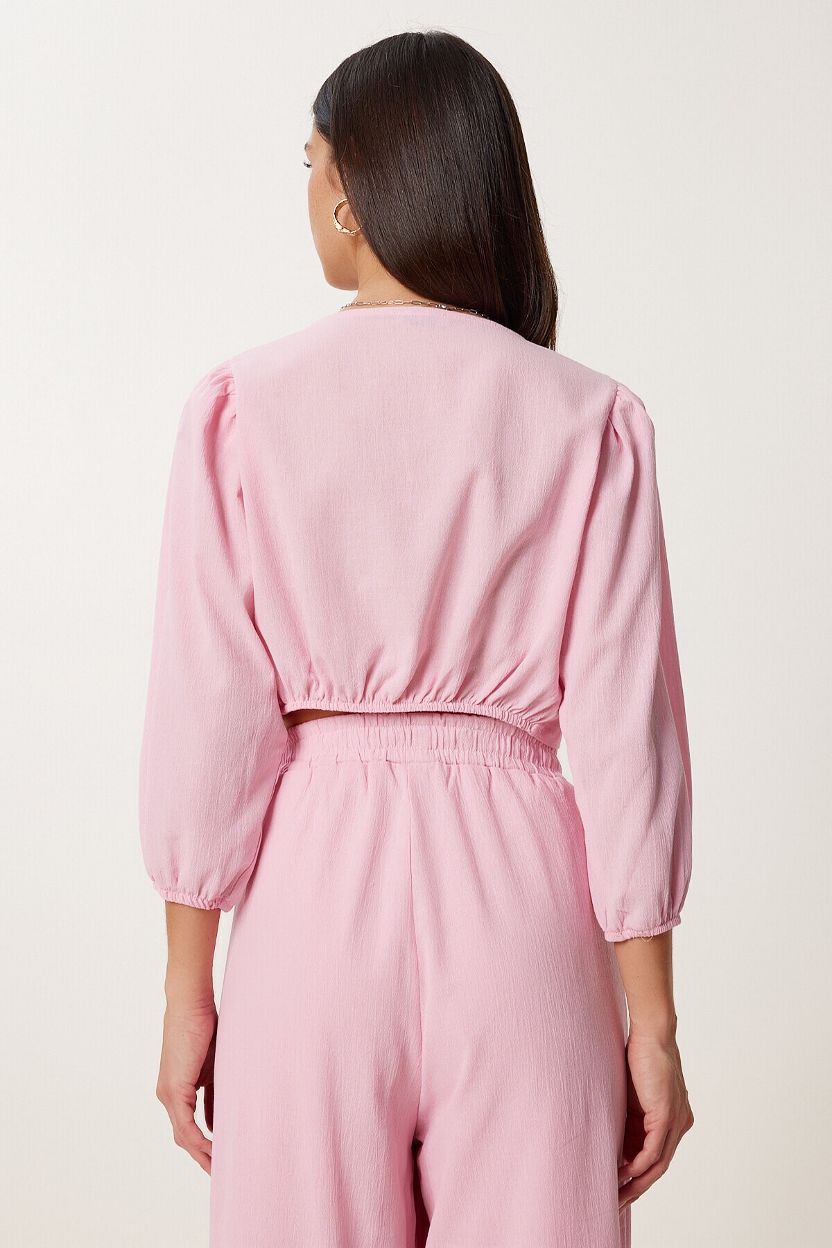 Keten Crop Bluz Pantolon Takım ŞEKER PEMBE LRV0107