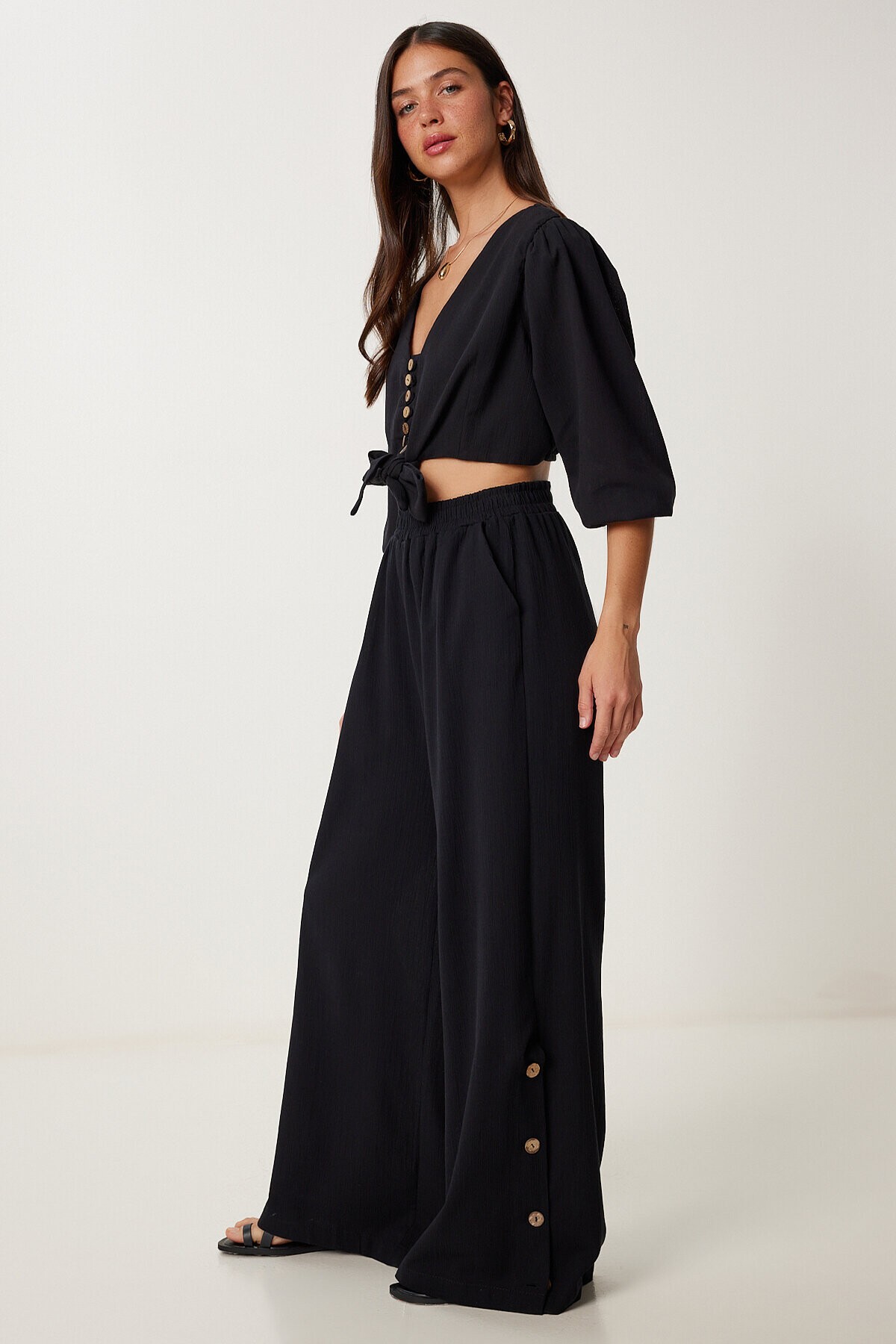 Keten Crop Bluz Pantolon Takım SİYAH LRV0107